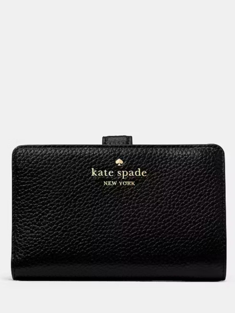 Kate Spade Black Pebbled Leather Minimalist Medium Compact Bifold Wallet Gold HW